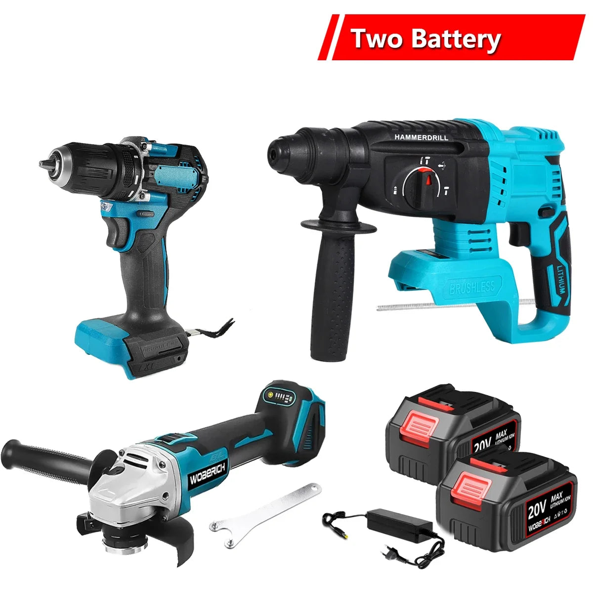 Brushless Cordless Combo Kit, Impact Drill, Angle Grinder, Electric circular saw w/2x Battery
