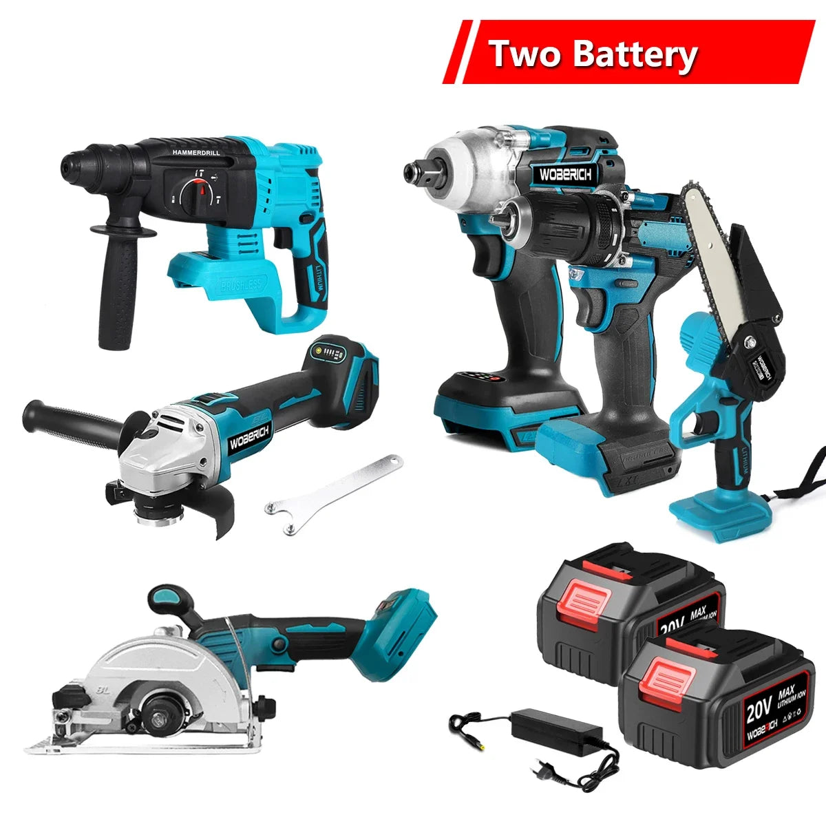 Brushless Cordless Combo Kit, Impact Drill, Angle Grinder, Electric circular saw w/2x Battery
