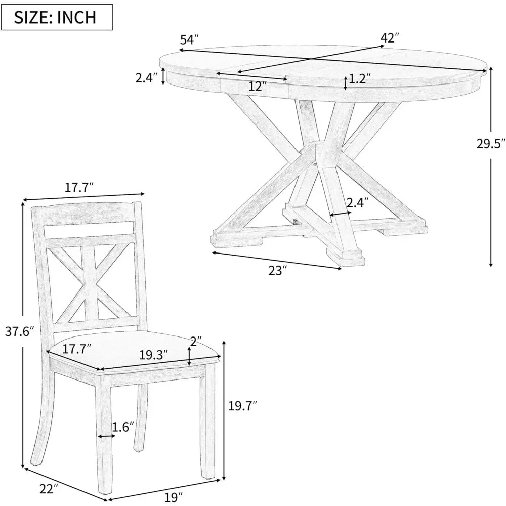 5-Piece Dining Table Set with Round Table and 4 Upholstered Chairs, W/ 12'' Leaf and Umbrella