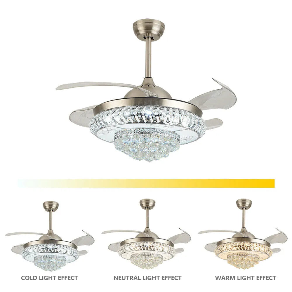 36/42" Retractable Crystal Ceiling Fan Light and Remote Control