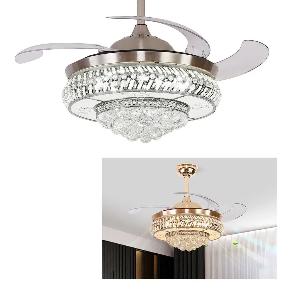 36/42" Retractable Crystal Ceiling Fan Light and Remote Control