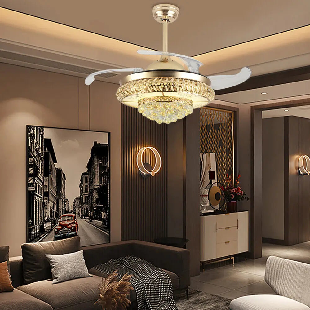 36/42" Retractable Crystal Ceiling Fan Light and Remote Control