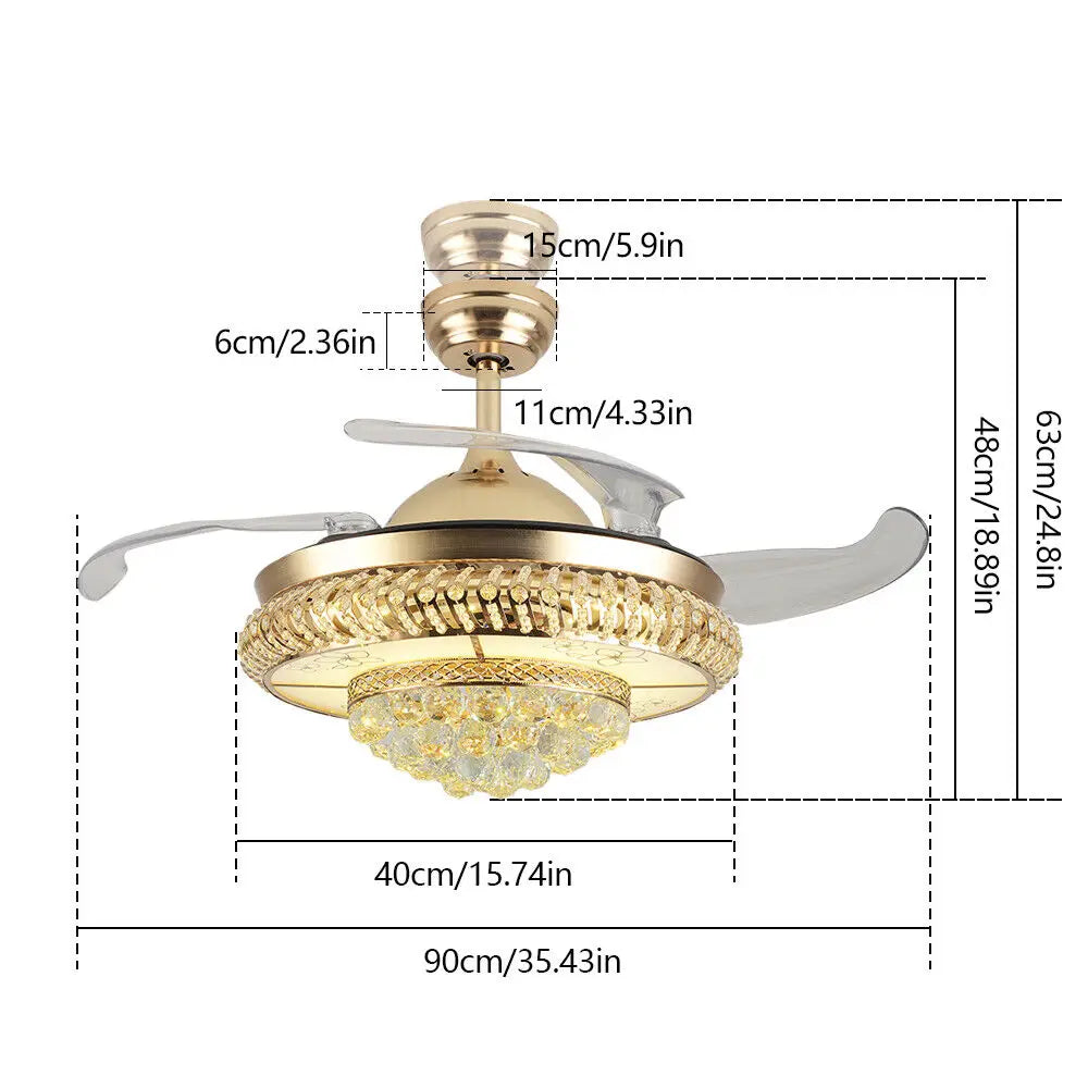 36/42" Retractable Crystal Ceiling Fan Light and Remote Control