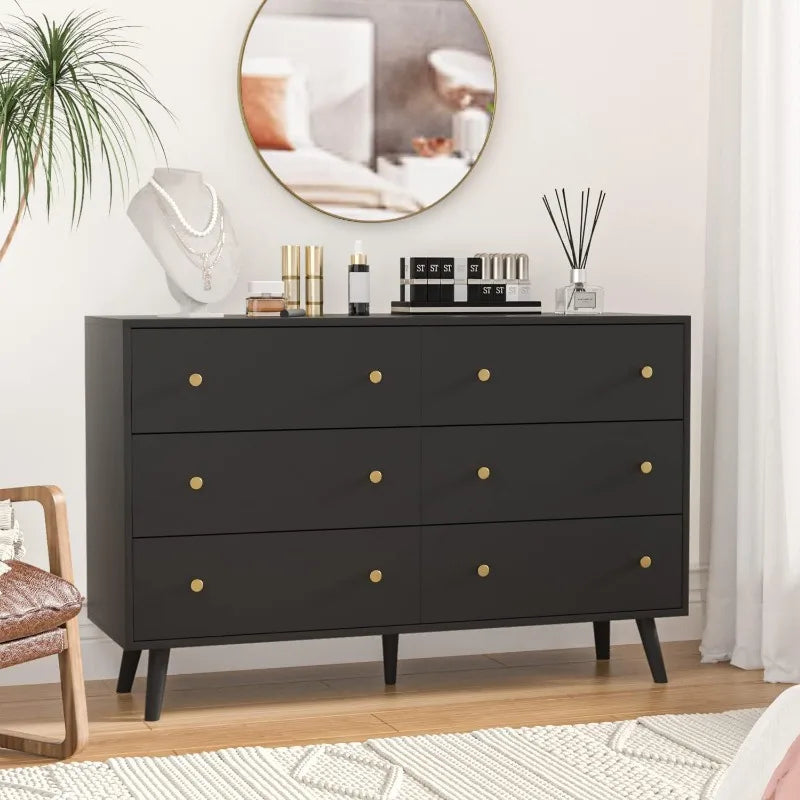 6 Drawer Double Rattan Dresser w/Gold Handles, Boho Style