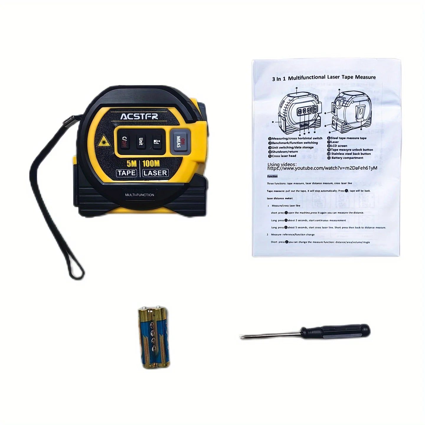 3-in-1 Laser Range Tape Measure With Battery