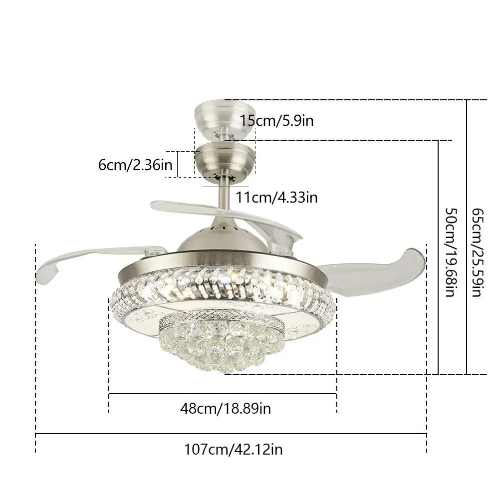 36/42" Retractable Crystal Ceiling Fan Light and Remote Control
