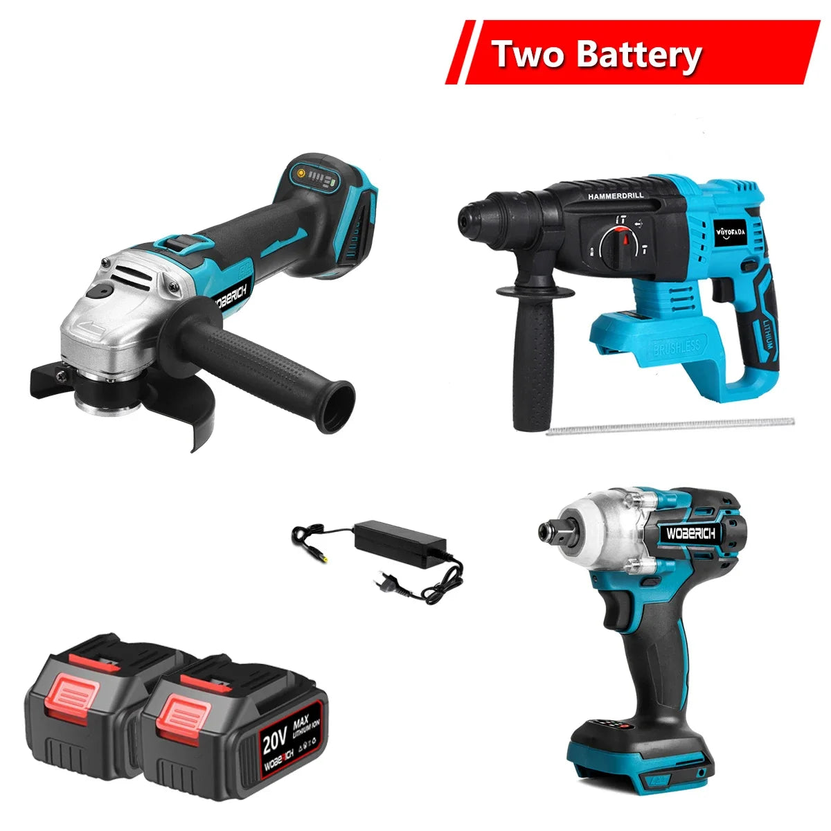 Brushless Cordless Combo Kit, Impact Drill, Angle Grinder, Electric circular saw w/2x Battery