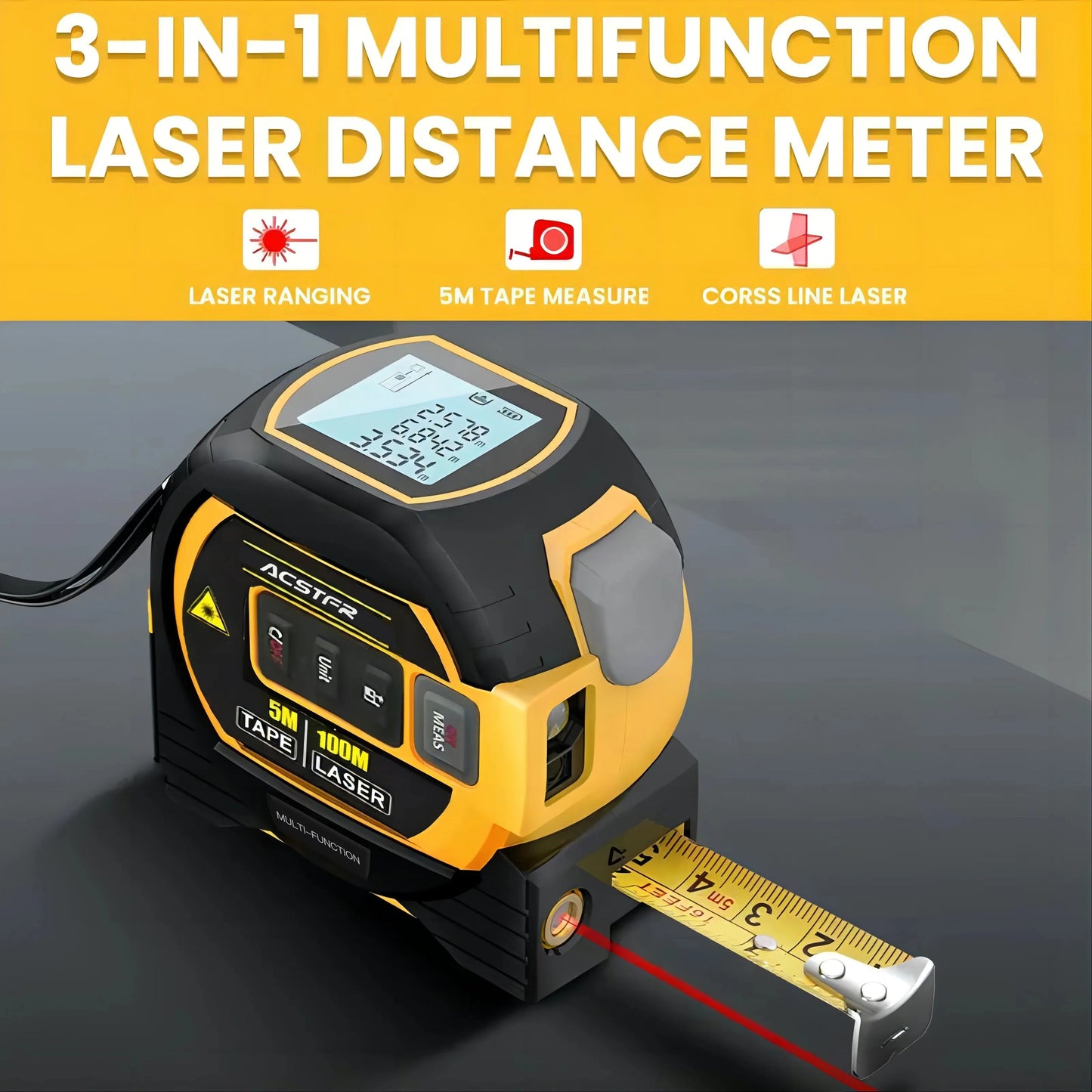 3-in-1 Laser Range Tape Measure With Battery