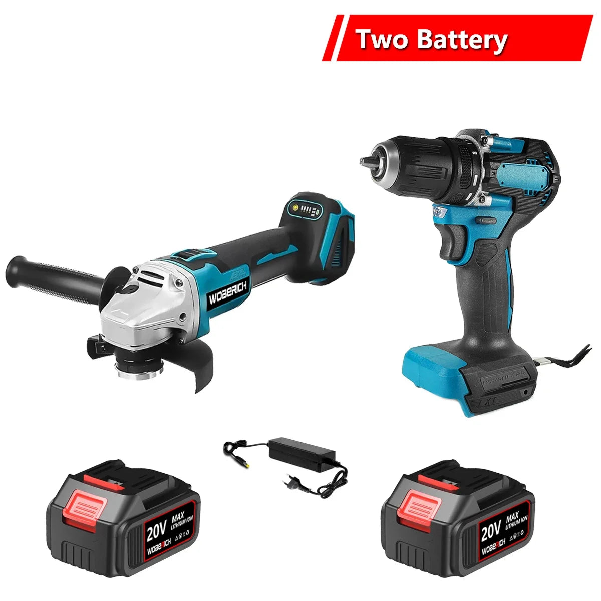 Brushless Cordless Combo Kit, Impact Drill, Angle Grinder, Electric circular saw w/2x Battery