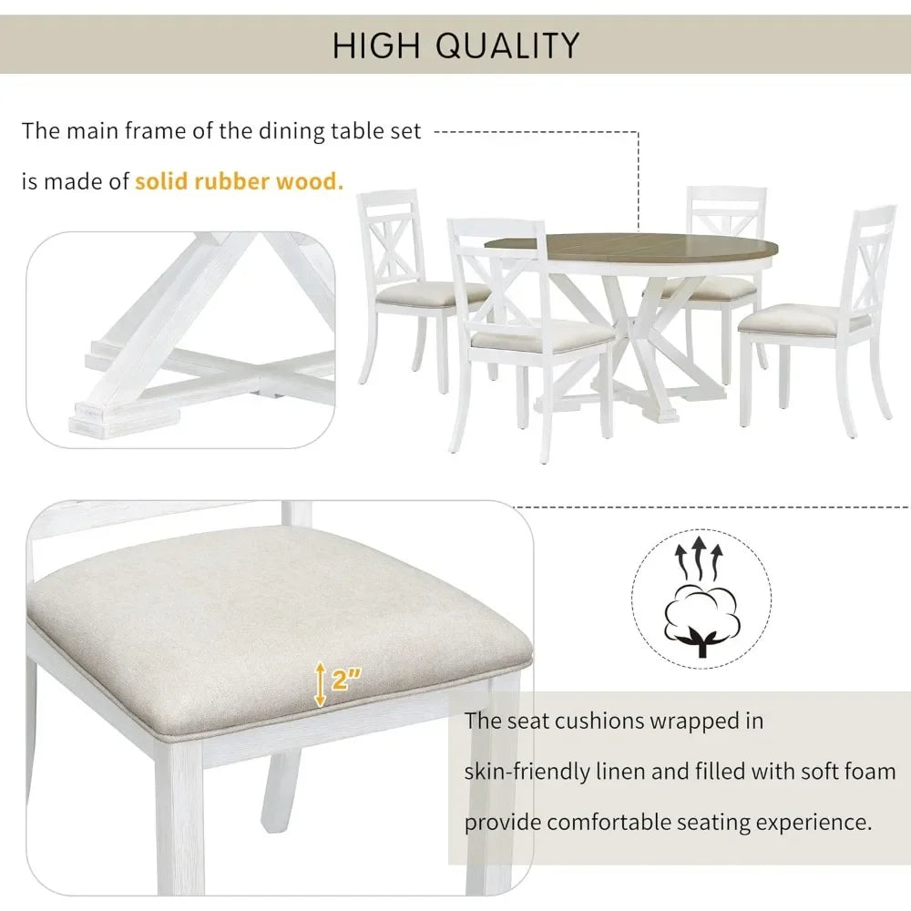 5-Piece Dining Table Set with Round Table and 4 Upholstered Chairs, W/ 12'' Leaf and Umbrella