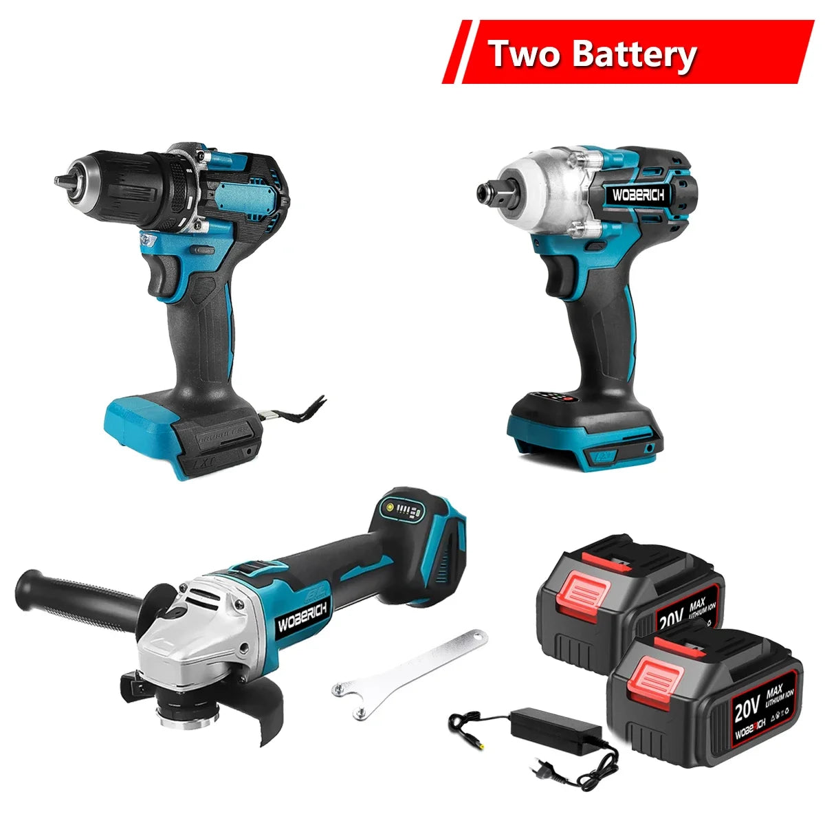 Brushless Cordless Combo Kit, Impact Drill, Angle Grinder, Electric circular saw w/2x Battery
