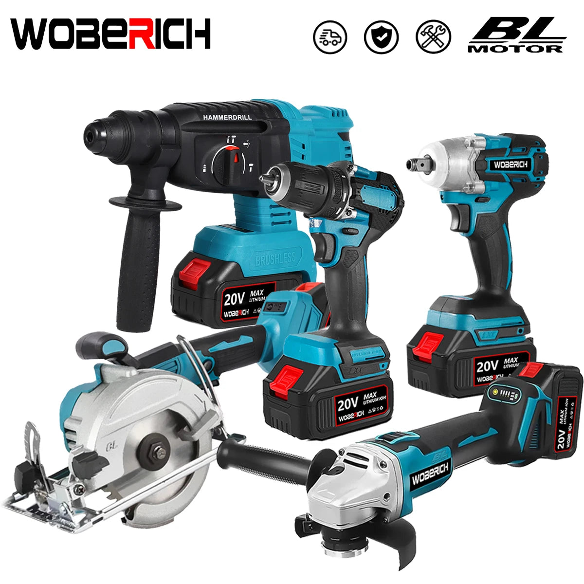 Brushless Cordless Combo Kit, Impact Drill, Angle Grinder, Electric circular saw w/2x Battery