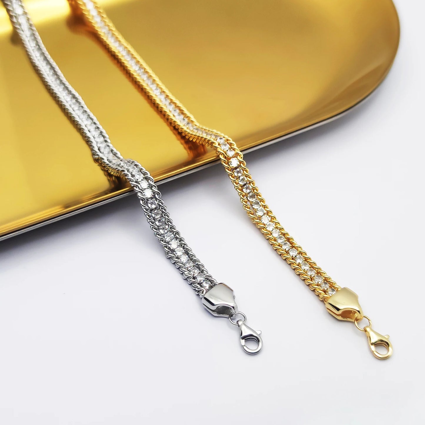 HESHI 925 Sterling Silver with Platinum Plated/18k Gold-Plated Woven Cubic Zirconia Bracelet