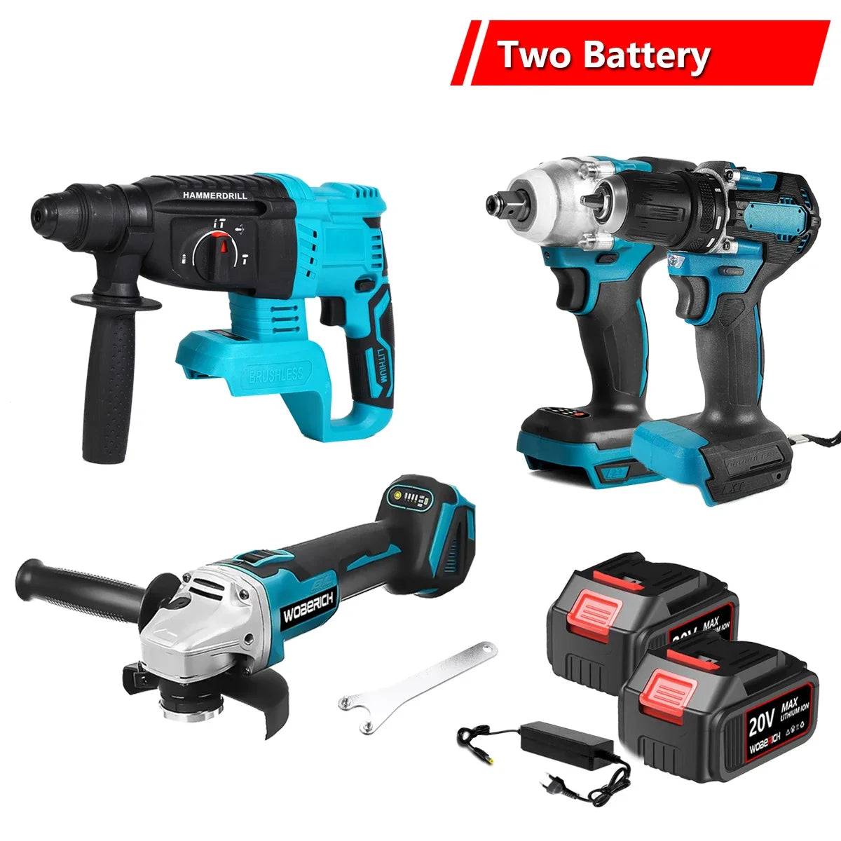 Brushless Cordless Combo Kit, Impact Drill, Angle Grinder, Electric circular saw w/2x Battery