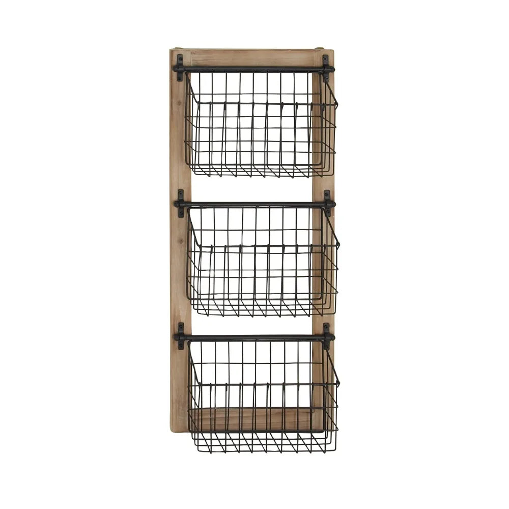 3-Tier Magazine Rack Hanging Storage Organizer Wood Frame with Metal Basket