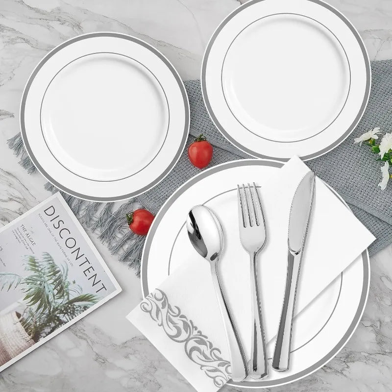 200 White and Silver Plastic Plates Set 100 people