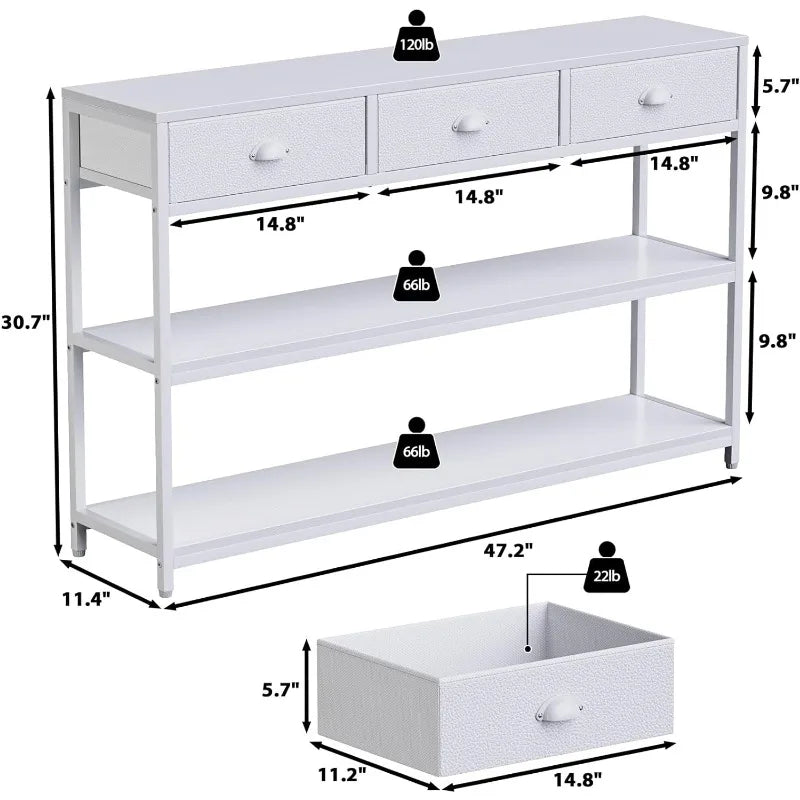 White 47" Console Sofa/entryway Table w/3 Drawers & Display Shelves