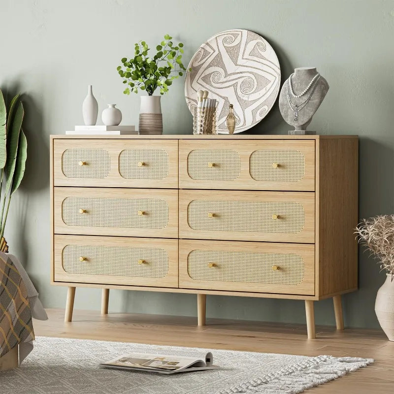 6 Drawer Double Rattan Dresser w/Gold Handles, Boho Style