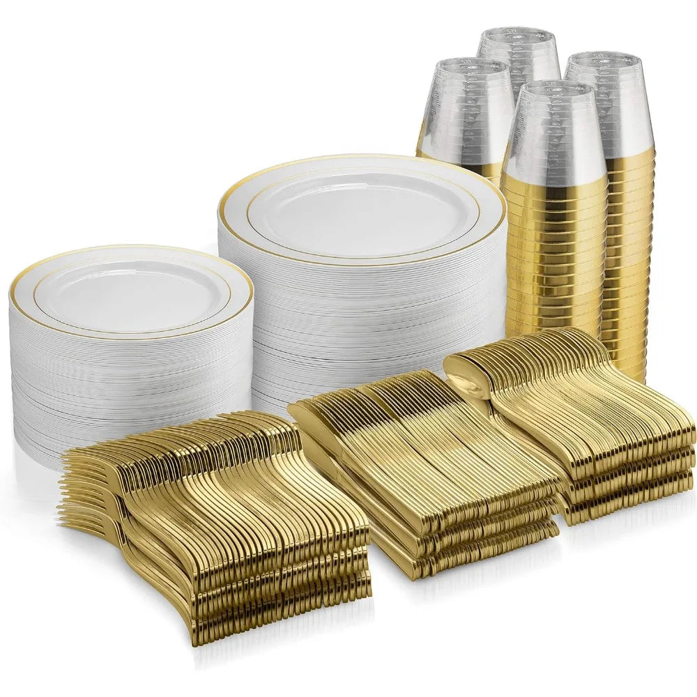 600 Piece Gold Plastic Dinnerware Set, For 100 Guests