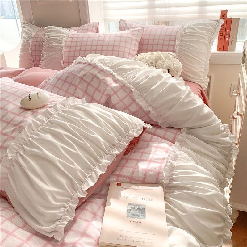 Korean Luxury Style Princess Bedding Set with Ruffles & Lace