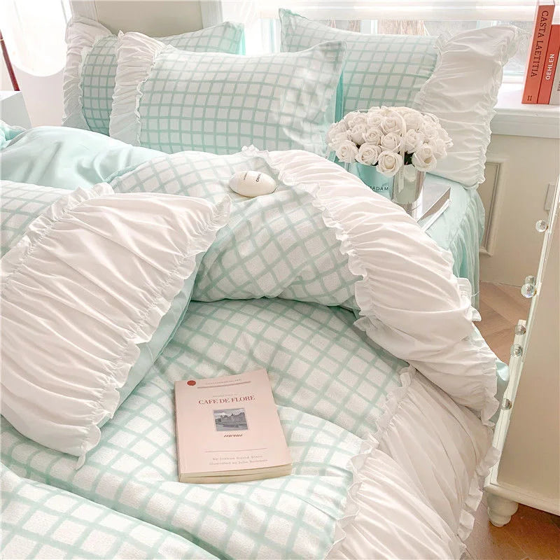 Korean Luxury Style Princess Bedding Set with Ruffles & Lace