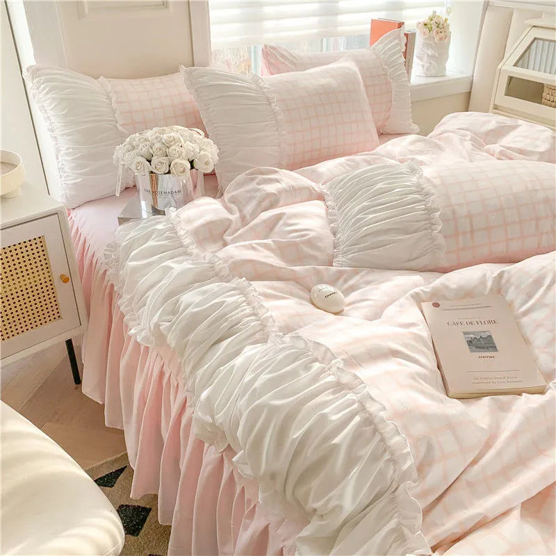 Korean Luxury Style Princess Bedding Set with Ruffles & Lace