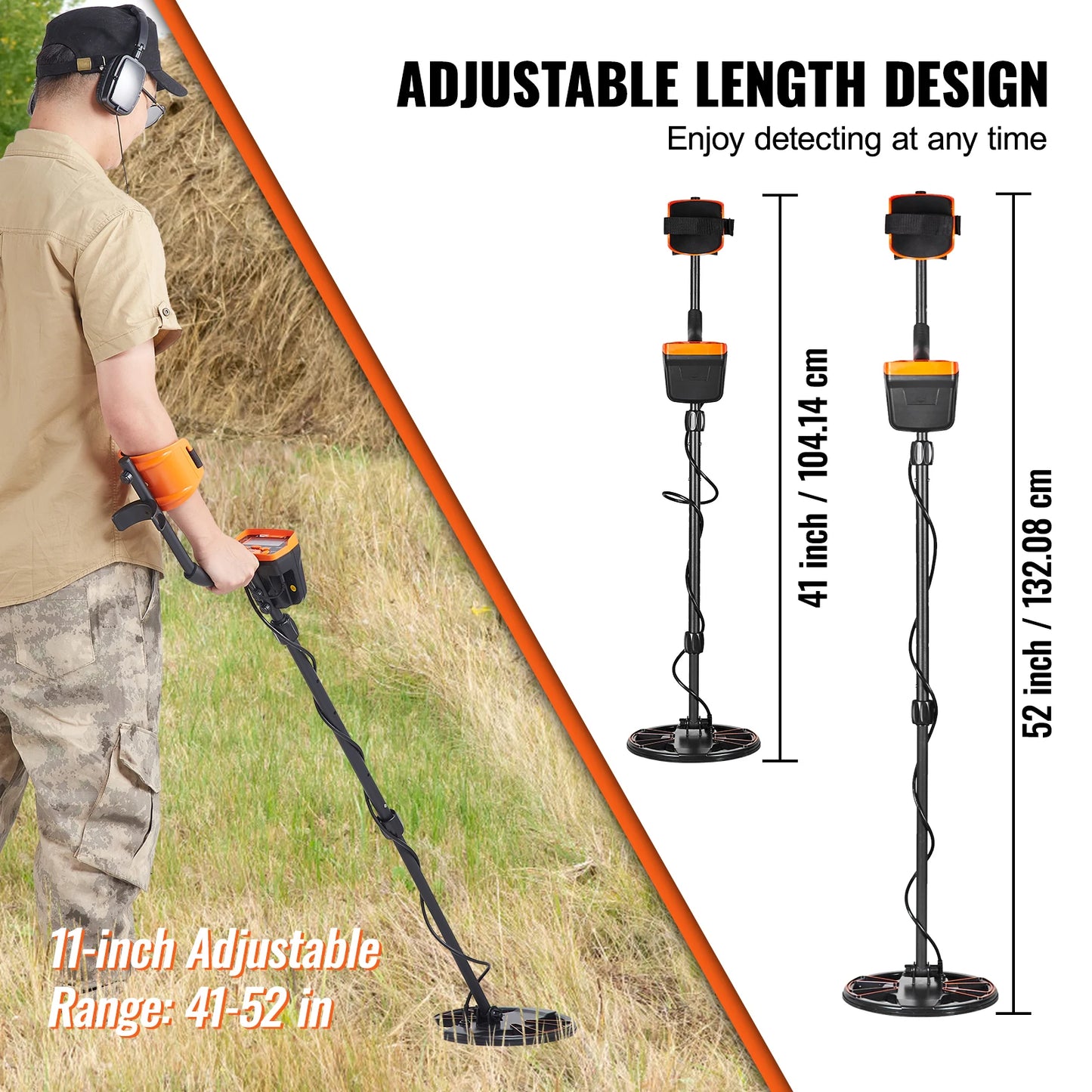 VEVOR  10" Metal Detector, Waterproof Search Coil w/LCD Display 7 Modes Adjustable 41''-52'' Aluminum Stem