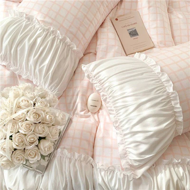 Korean Luxury Style Princess Bedding Set with Ruffles & Lace