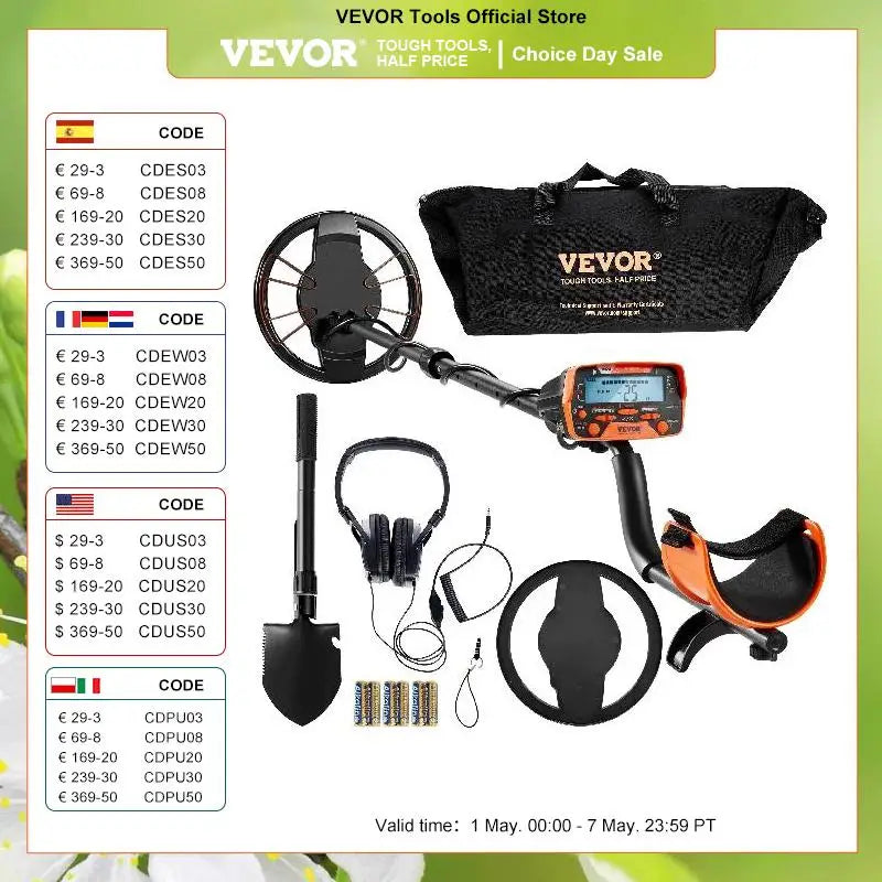 VEVOR  10" Metal Detector, Waterproof Search Coil w/LCD Display 7 Modes Adjustable 41''-52'' Aluminum Stem