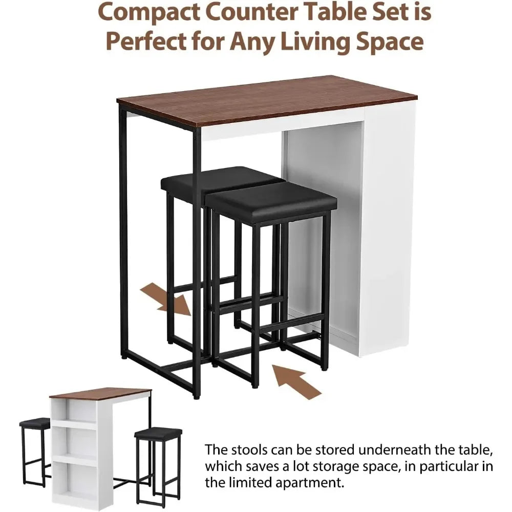 3 Piece Dining Table Set w/Two Stools & Storage Shelves Wood Counter Height