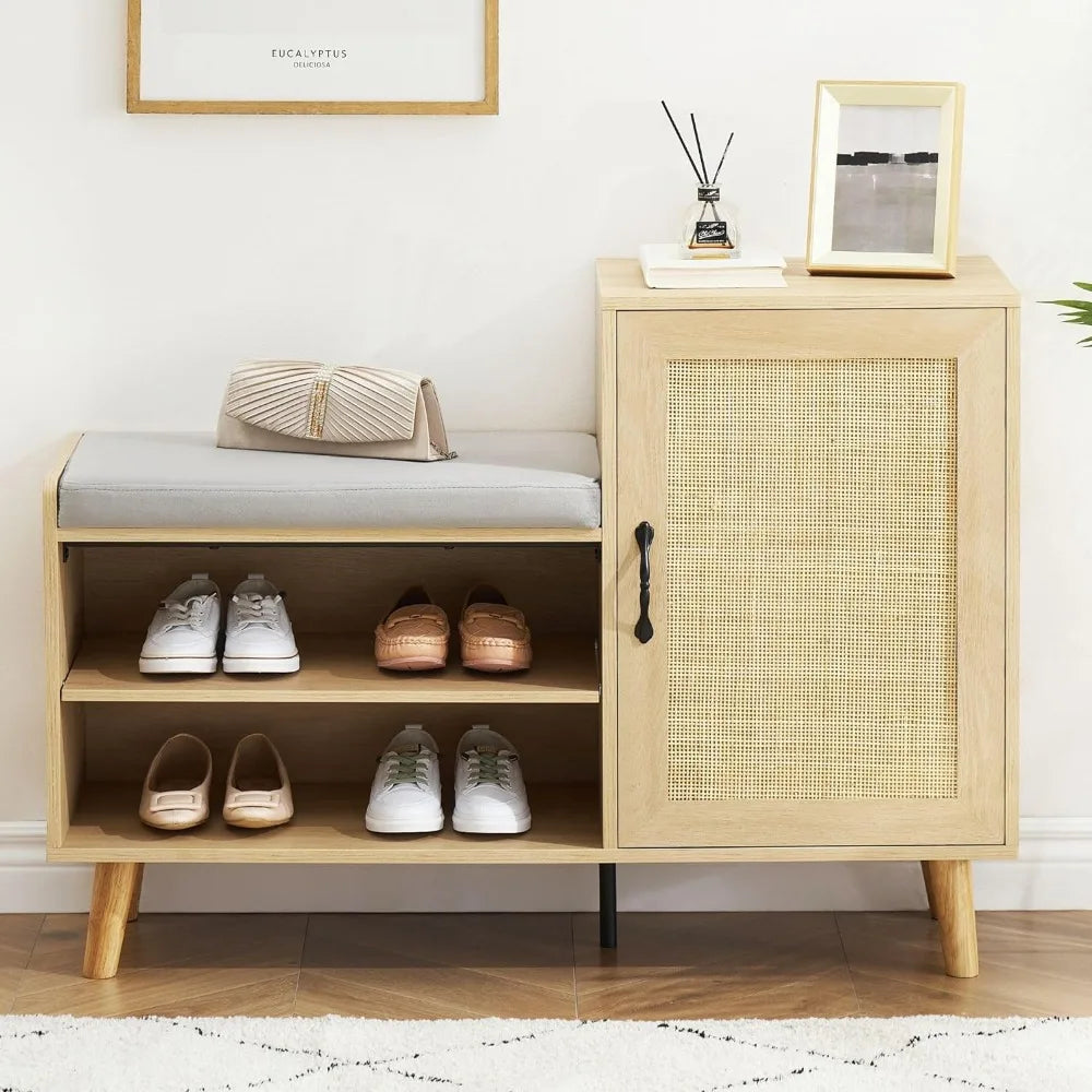 2-in-1Natural Rattan Shoe Storage w/Upholstered Bench