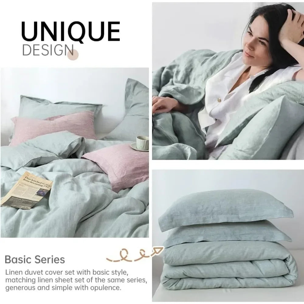 King/Queen size bed, style stone wash piece 1 duvet 2 pillows soft breathable mint green, 100% linen duvet cover set