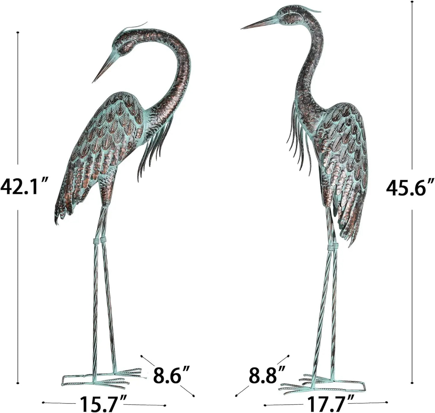 Set of 2 Garden Crane Statues, Standing, Metal Patina, 42-46"