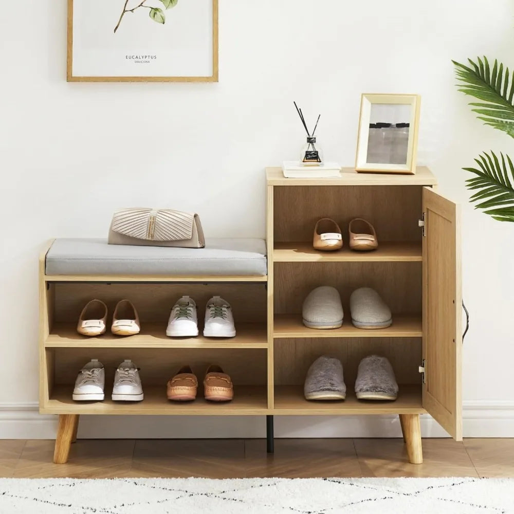 2-in-1Natural Rattan Shoe Storage w/Upholstered Bench