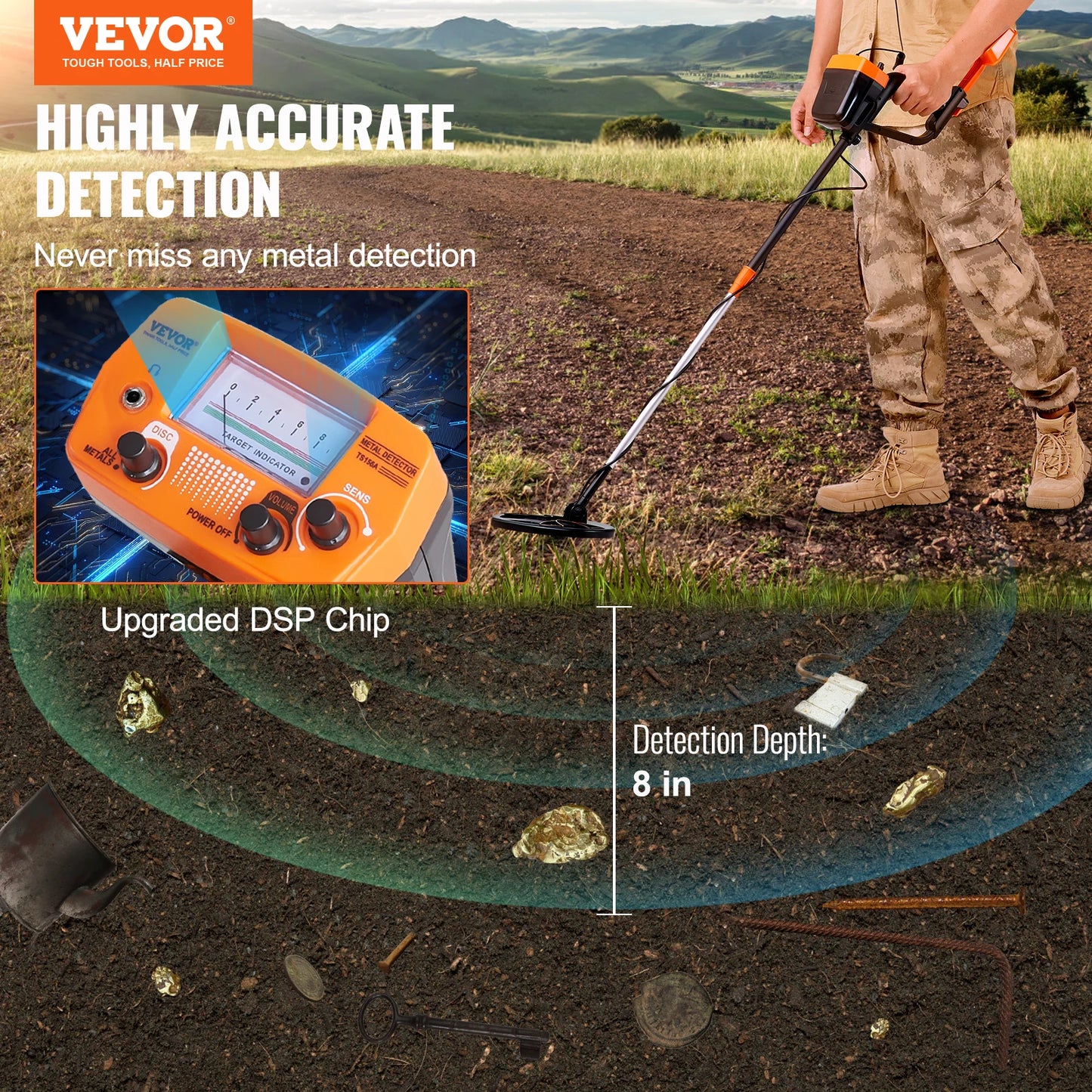 VEVOR 8" Coil Waterproof Metal Detector, Adjustable 38''-49'' Aluminum