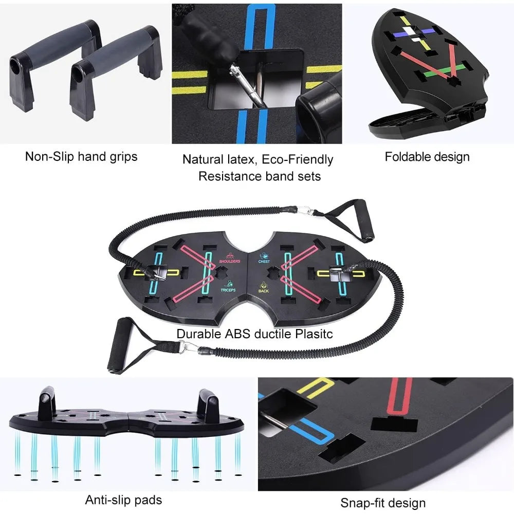 Multi-Functional Push Up Board with Resistance Bands, Portable.