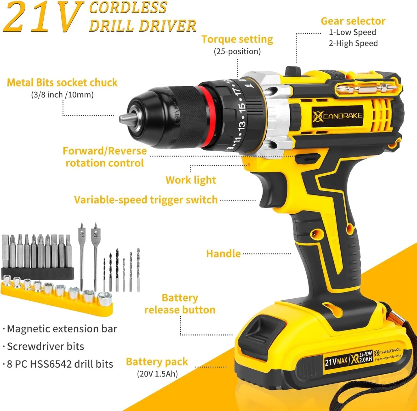 120PCS 21V Cordless Drill Set 3/8" Keyless Chuck of Metal & 25+3 Clutch w/Impact 2 X 2.0Ah Battery & Fast Charger