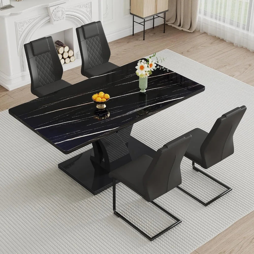 Rectangular Faux Marble Kitchen Table Set, w/MDF Legs & Black PU Leather Upholstered Chairs