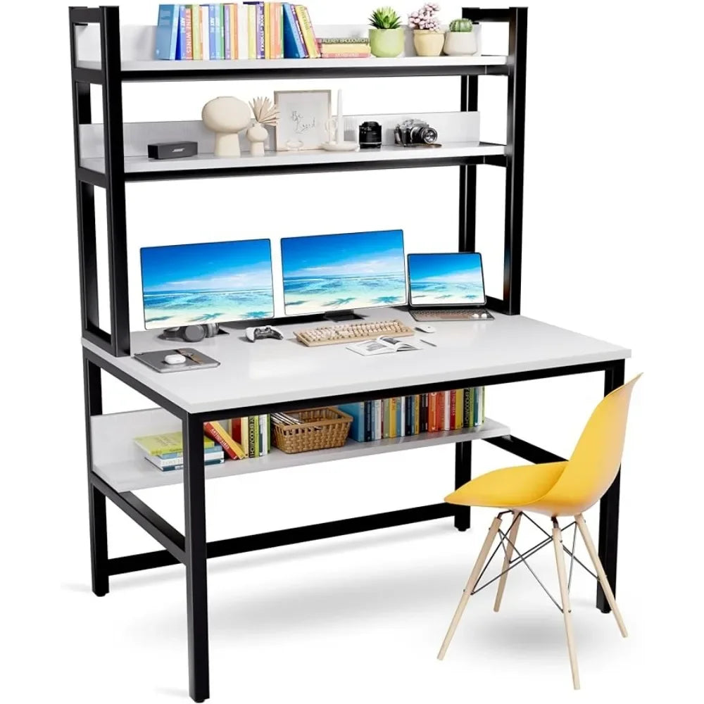 47"W White Home Office Desk W/3 Tier Storage Shelves