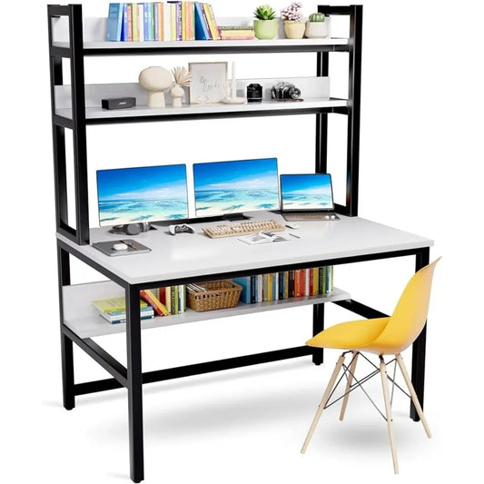 47"W White Home Office Desk W/3 Tier Storage Shelves