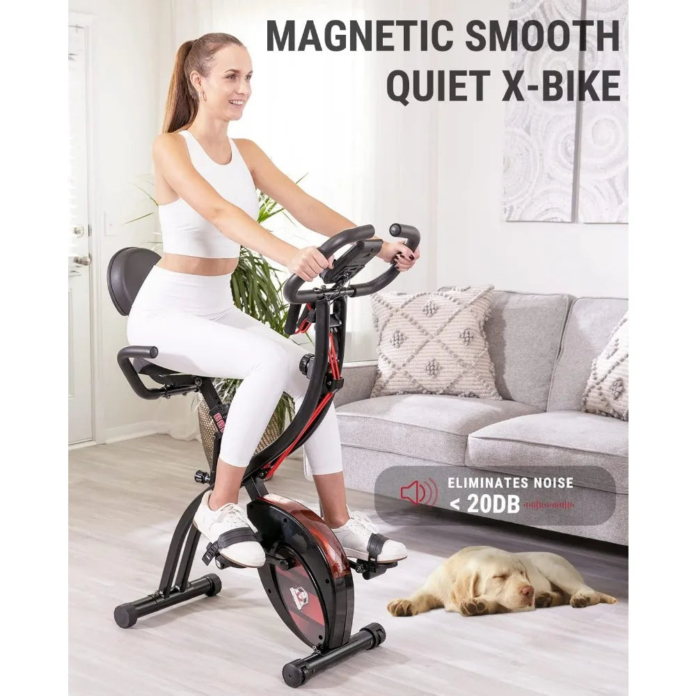 Foldable Stationary Bike, 3 in 1 Mode, 8-Level Resistance and Arm Resistance Band