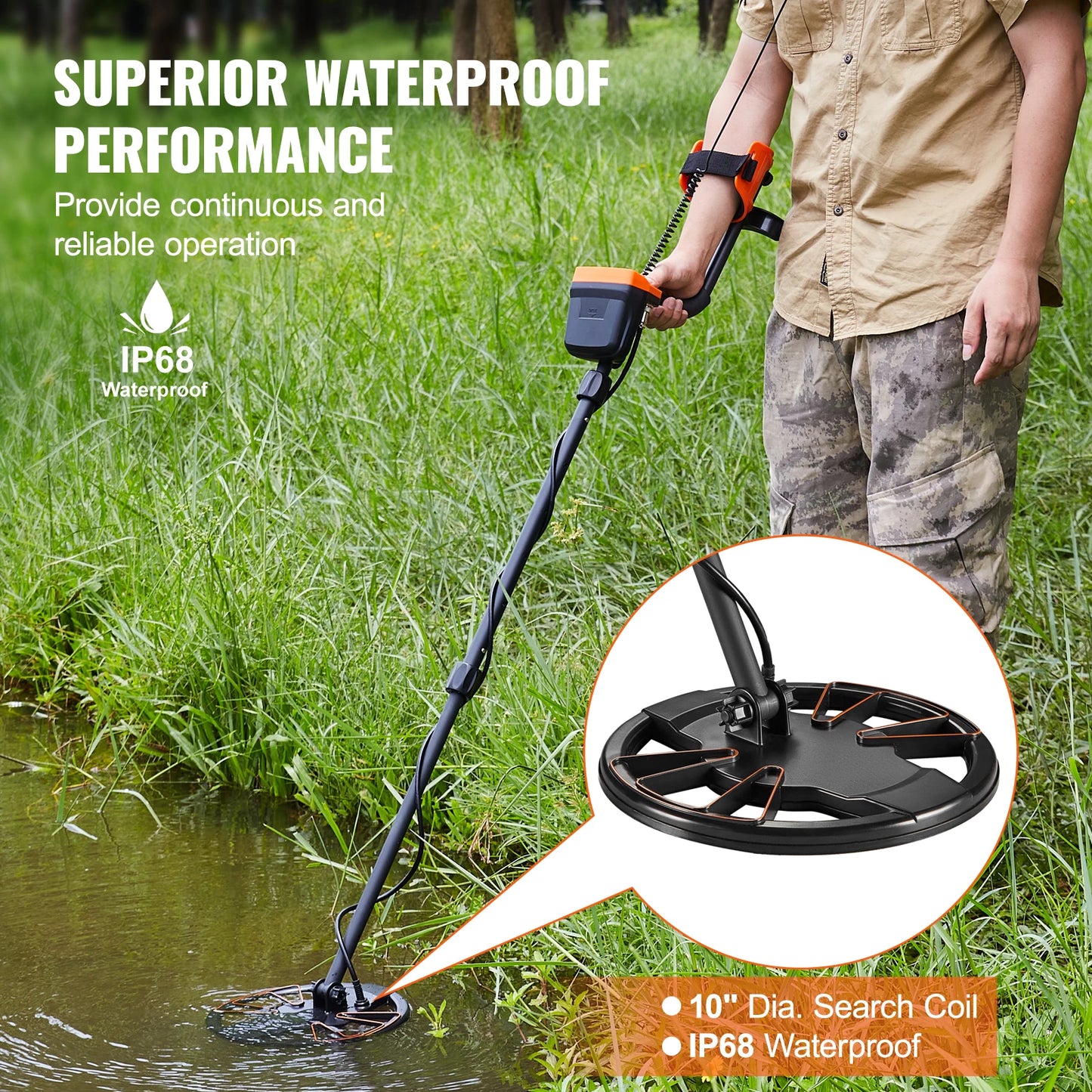 VEVOR  10" Metal Detector, Waterproof Search Coil w/LCD Display 7 Modes Adjustable 41''-52'' Aluminum Stem