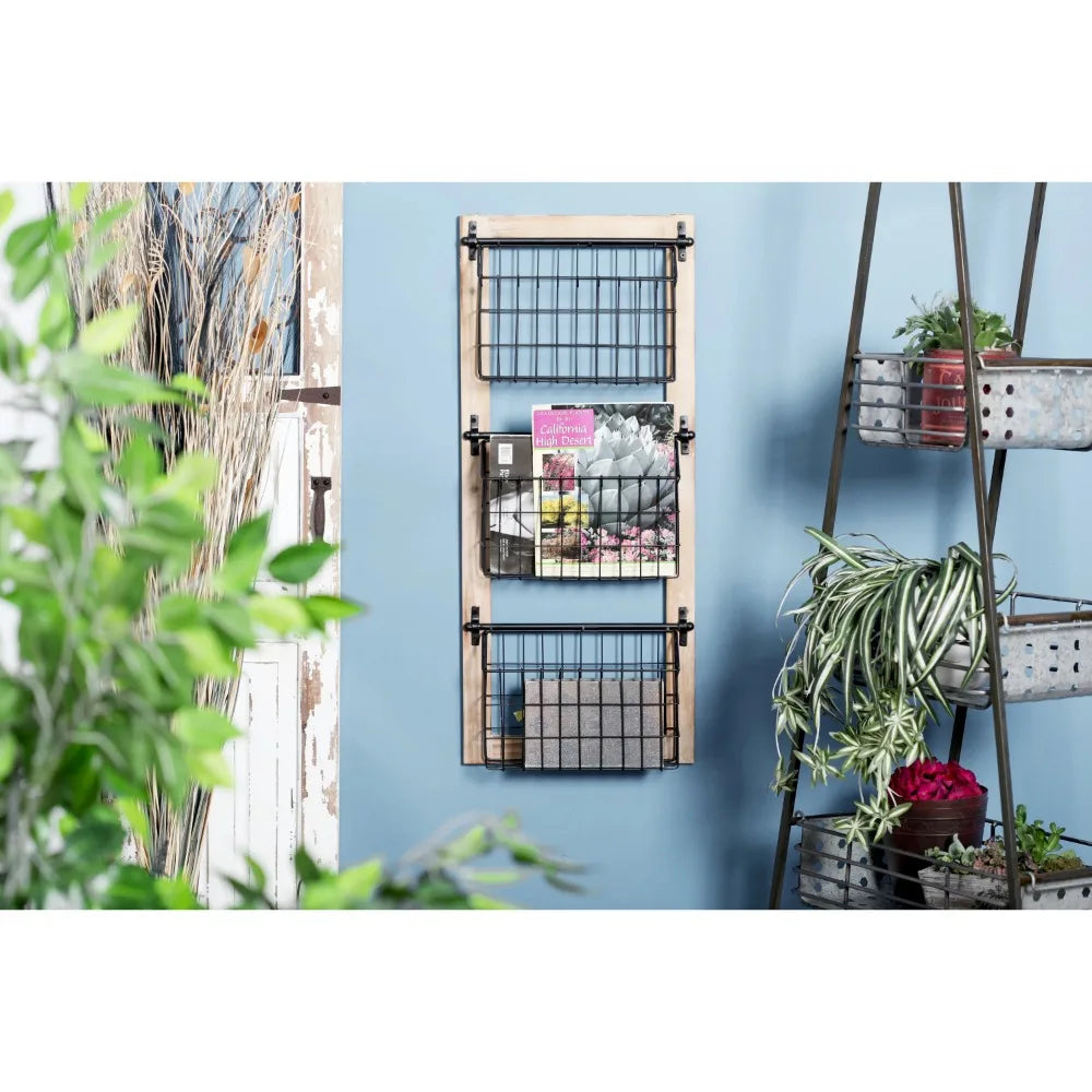 3-Tier Magazine Rack Hanging Storage Organizer Wood Frame with Metal Basket