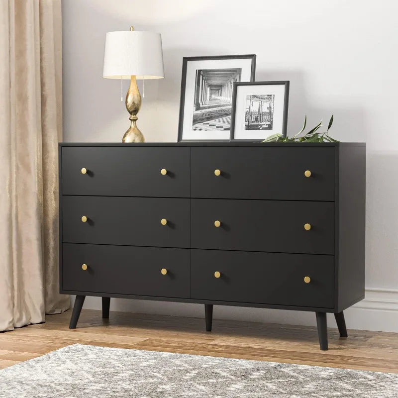 6 Drawer Double Rattan Dresser w/Gold Handles, Boho Style