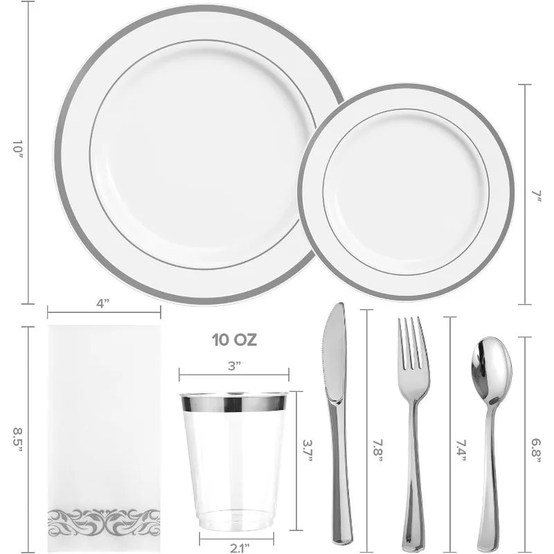 200 White and Silver Plastic Plates Set 100 people