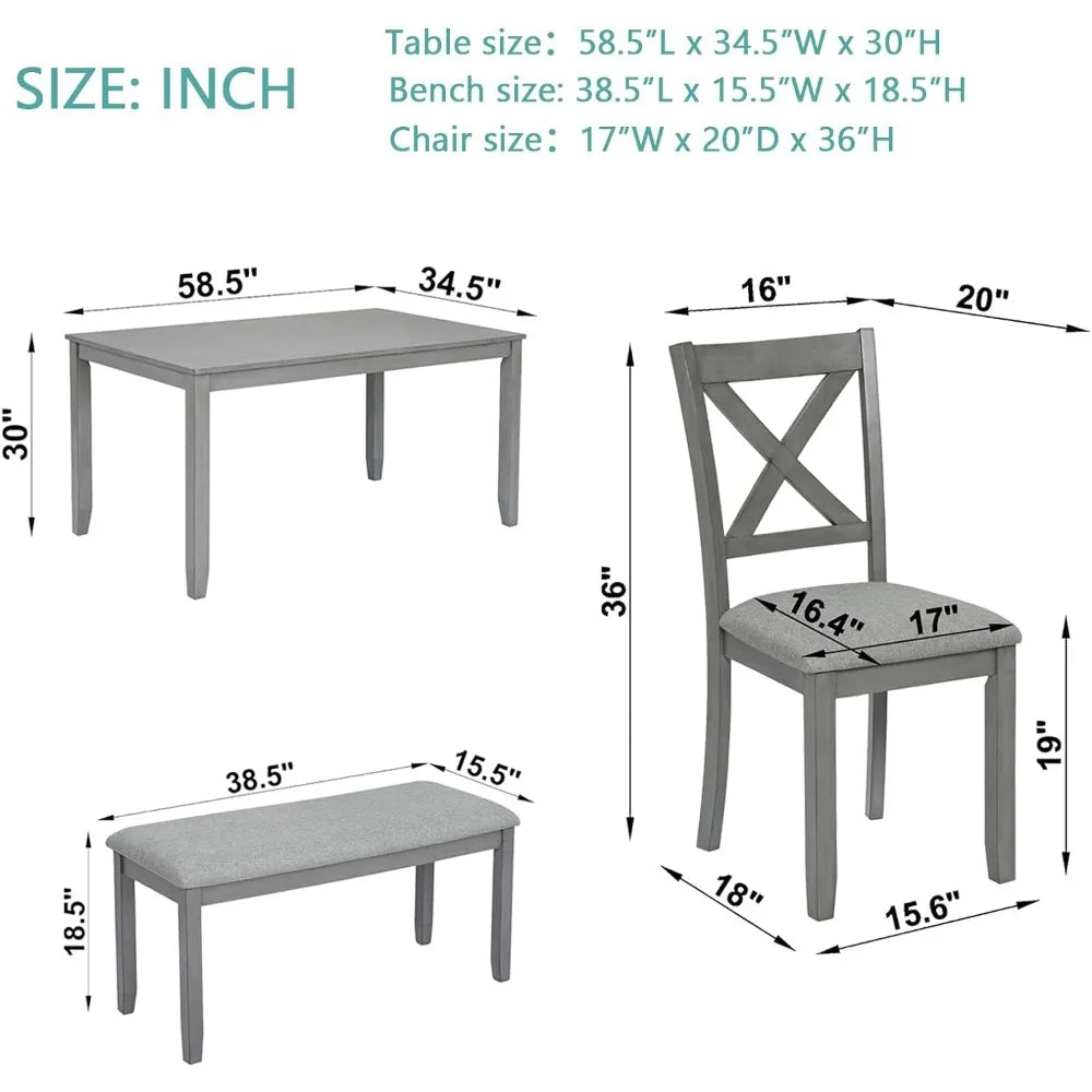 6 Pc. Farmhouse Kitchen Table Set w/4 Upholstered Chairs and 1 Bench, Solid Wood