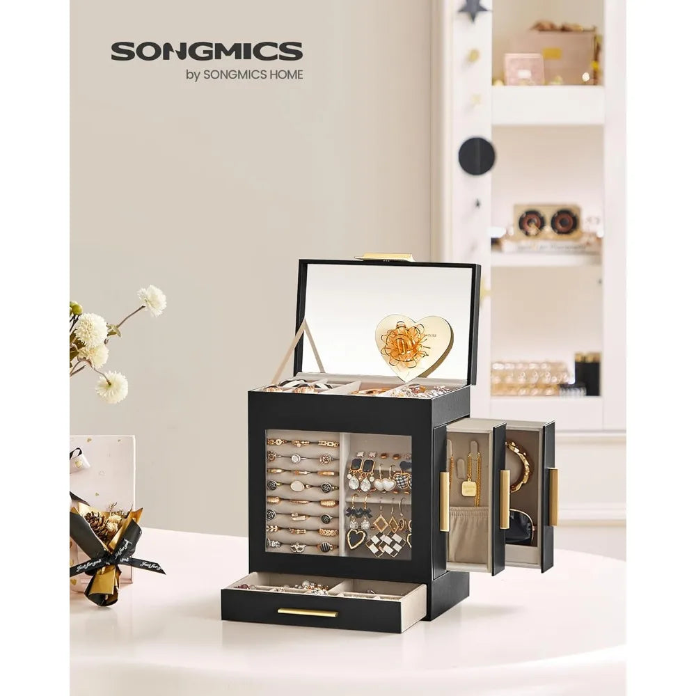 SONGMICS 5-Layer Jewelry Organizer w/3 Side Drawers, w/Glass Window