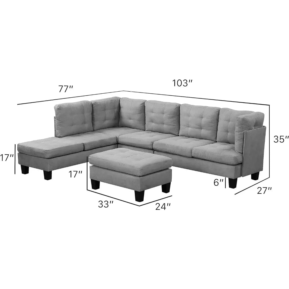 L-shaped Sofa w/Reversible Chaise Lounge & Ottoman