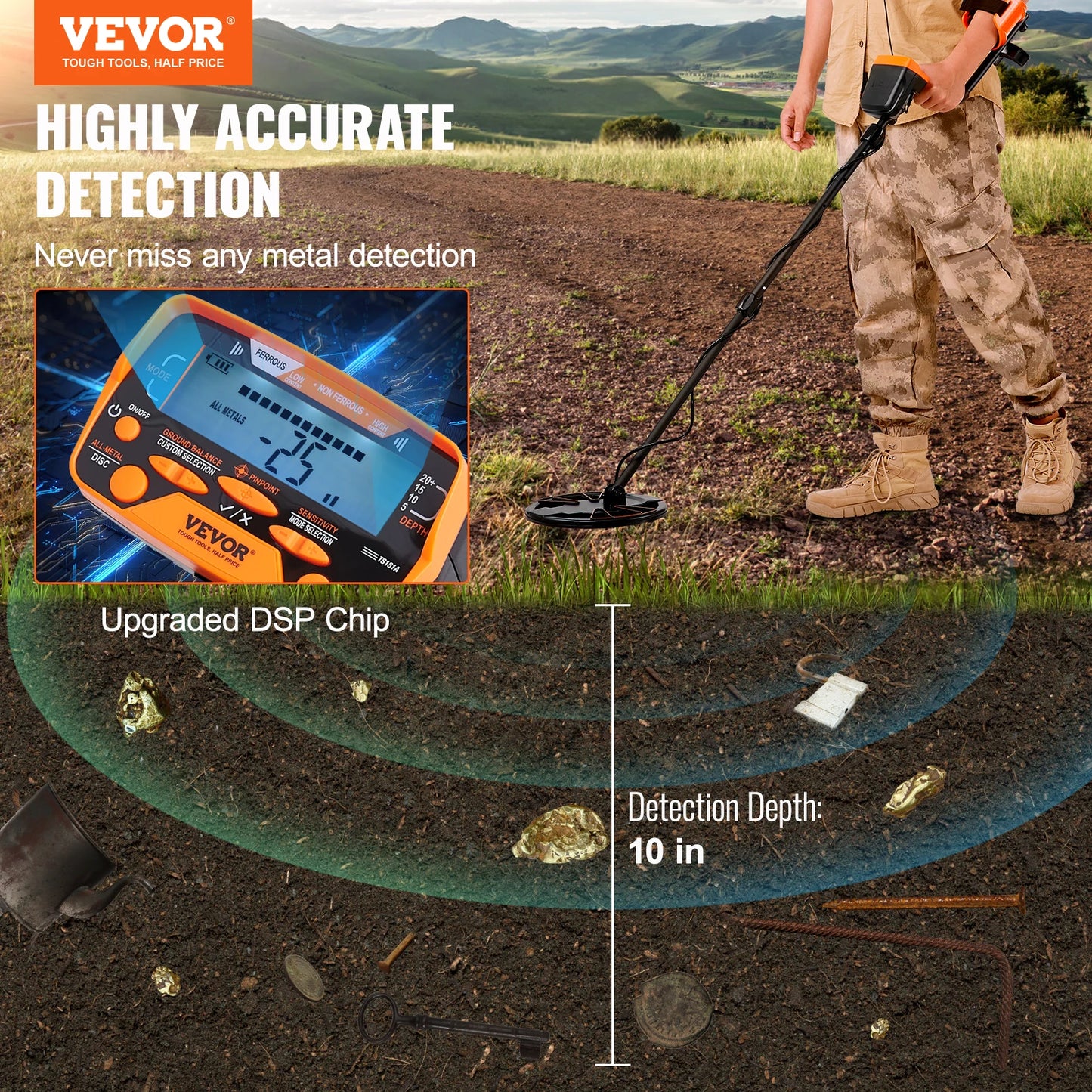 VEVOR  10" Metal Detector, Waterproof Search Coil w/LCD Display 7 Modes Adjustable 41''-52'' Aluminum Stem