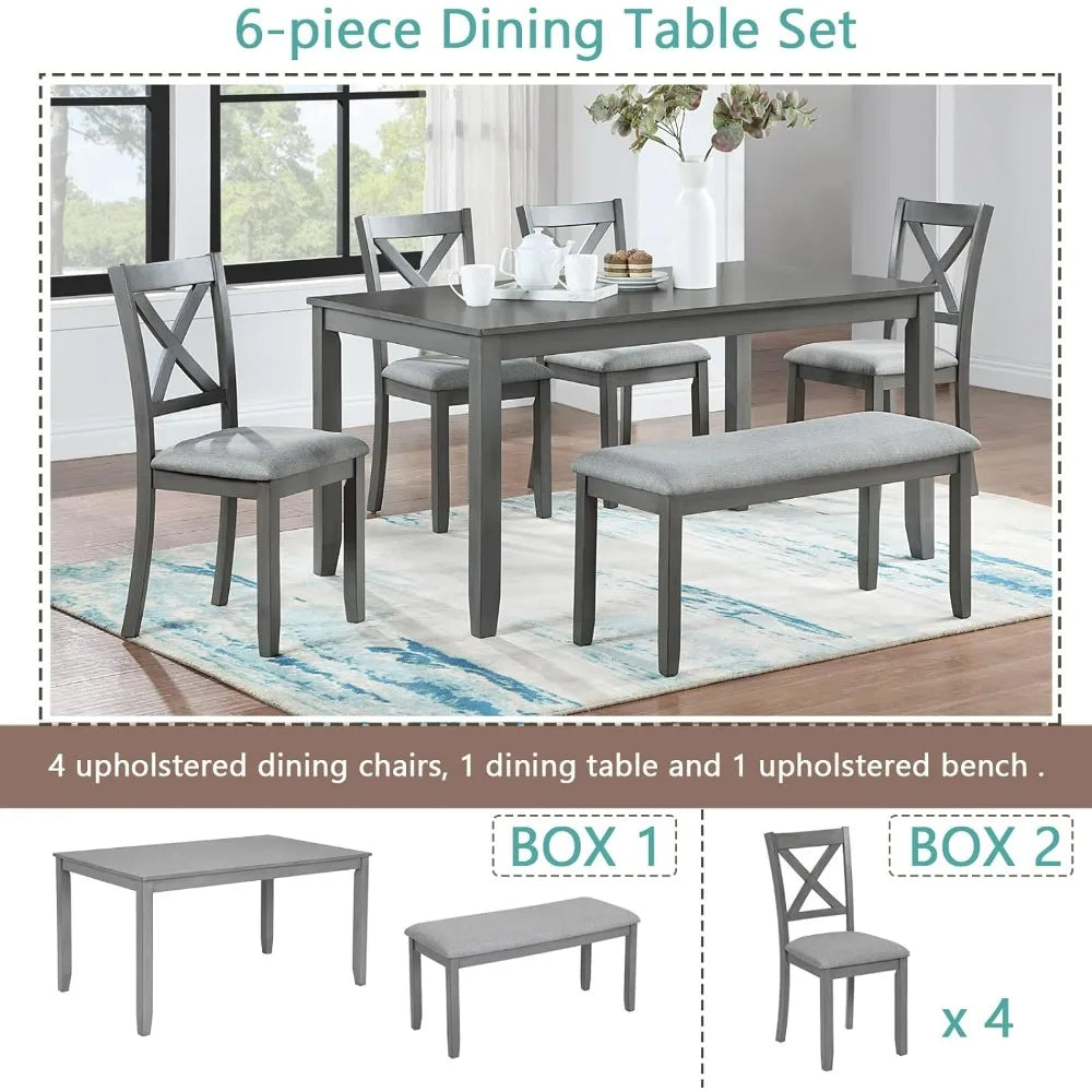 6 Pc. Farmhouse Kitchen Table Set w/4 Upholstered Chairs and 1 Bench, Solid Wood